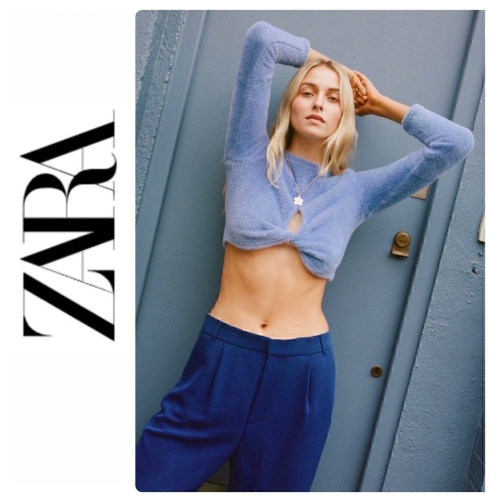 NWT Zara Blue Cut Out Twist Front Soft Fuzzy Crop Top Sweater, Size XS